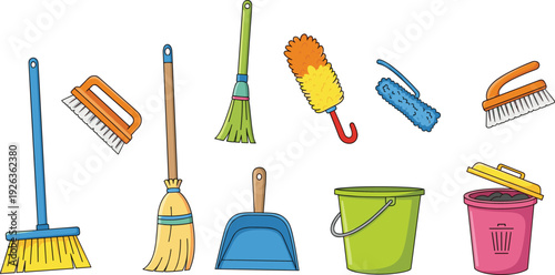 Cleaning, tools, collection, household, equipment, broom, mop, bucket, brush, dustpan, duster, sanitation, hygiene, maintenance, illustration, isolated, cartoon, supplies, уборка, set