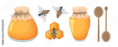 Honey Jar and Bees with Honeycomb Vector Illustration