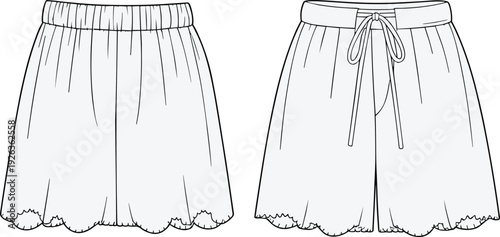 Flat vector CAD drawing of women’s scallop hem shorts with drawstring waistband, front and back fashion design technical sketch