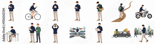 Minimalist Flat Illustration Set of Young Man Lifestyle and Daily Activities