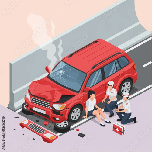 Car accident on the highway with people injured and emergency responders.