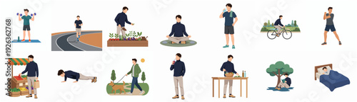 Flat Illustration Collection of Man Doing Various Activities for Healthy Lifestyle