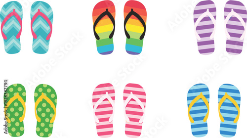 Colorful, flip, flops, collection, summer, sandals, cartoon, footwear, beach, casual, fashion, tropical, vibrant, striped, patterned, holiday, vacation, accessory, illustration, set