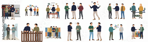 Flat Style Various People Group Activity and Interaction Illustration Set