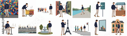 Flat Illustration Man Enjoying Various City Life Activities at Different Places