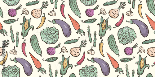 Vegetables doodle background. Fresh vegetable pattern background. Rough sketch vegetable seamless pattern for packaging. Hand drawn pattern elements of cabbage, corn, eggplant, radish and more.