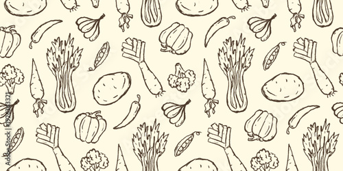 Vegetables doodle background. Fresh vegetable pattern background. Rough sketch vegetable seamless pattern for packaging. Hand drawn pattern elements of potato, pepper, lettuce, radish and more.