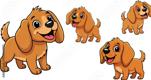 Cute cartoon golden retriever puppy vector collection. Includes four happy brown puppies in various poses. Created in a flat cartoon style with a warm brown and tan color palette.