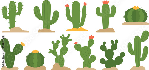 Cartoon cactus collection set, flat desert succulent plants with saguaro and prickly pear isolated on white background