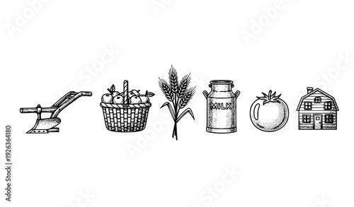 beer Vintage Engraved Halftone Farming and Market Items Linear Icon Set Vector Illustration