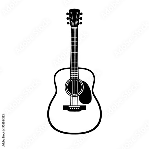 Detailed black and white vector illustration showcasing a classic acoustic guitar, a timeless stringed musical instrument symbol. Perfect for folk, country, rock, and blues music-themed designs, logos