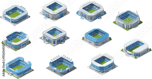 Football stadium collection vector illustration, modern soccer arena architecture set with sports venue exterior design isolated professional field buildings