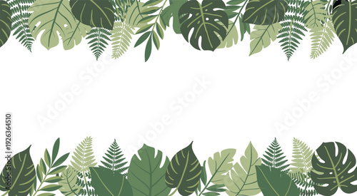 Seamless tropical foliage border design, flat green monstera palm and fern leaves frame isolated on white background