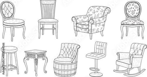 Furniture, chairs, armchairs, illustration, vintage, classic, seating, interior, decor, sketch, elegant, wooden, antique, collection, stylish, design, home, retro, outline, comfort
