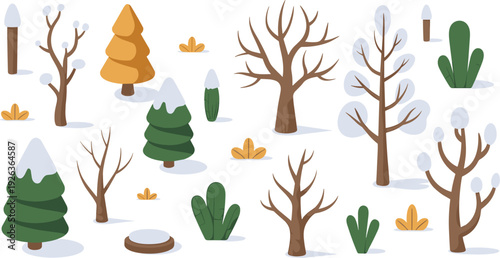 Winter forest trees and plants isometric set, flat vector illustration of snowy woodland elements isolated on white background