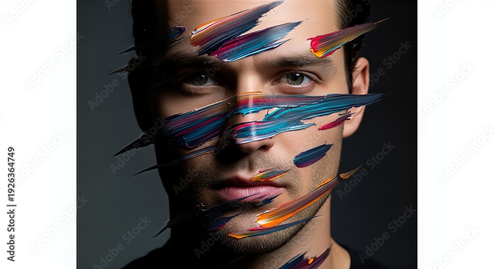 Obraz premium A close-up portrait of a person with colorful paint strokes across the face, showcasing creativity.