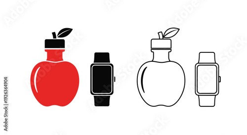 Apple and smartwatch illustrations in color black and white variations