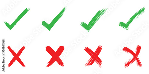 check mark and cross element. doodle, hand drawn brush vector illustration. Grunge brush stroke signs. Grunge checkmark design. Dirty grunge stroke checkmark sign vector. eps 10