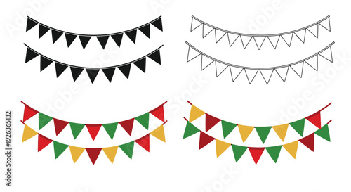Four variations of colorful and monochrome triangular party bunting flags