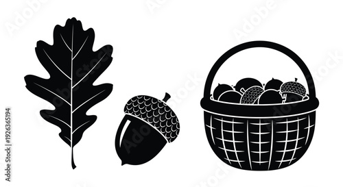 Black silhouette illustration of an oak leaf acorn and basket of acorns