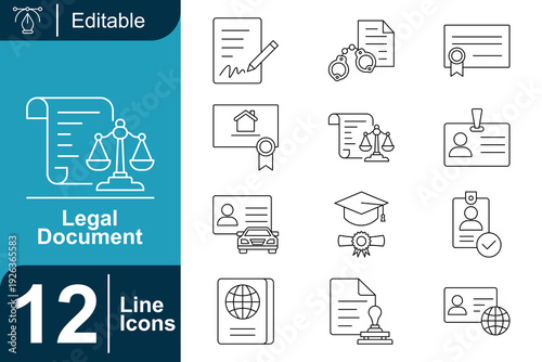 Legal Documents and Official Paperwork Icons Illustrating Law, Identity, and Professional Credentials with Line Art