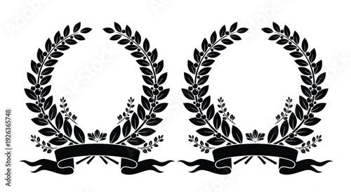 Two laurel wreaths with ribbons a symmetrical black and white design