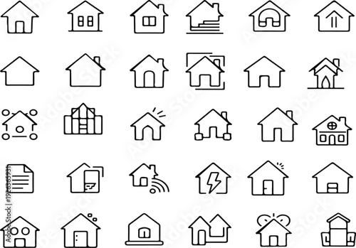 House and real estate icons with various modern line art symbols for property and home concepts