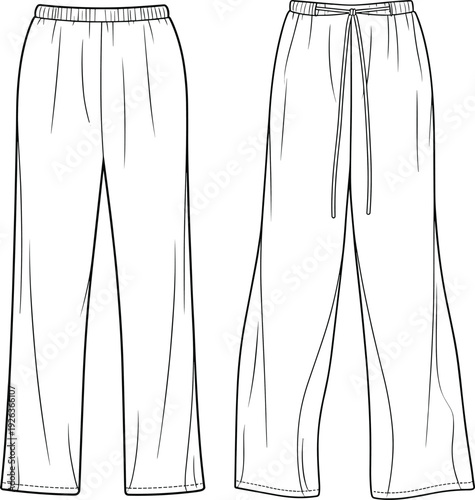 Flat vector CAD drawing of women's wide-leg pants, technical fashion sketch with drawstring waist, front and back view illustration