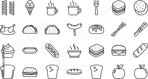 Fast Food and Snack Line Icon Set with Burger, Sandwich, Hotdog, Coffee, Ice Cream, Bread, Taco, and Dessert Outline Vector Collection