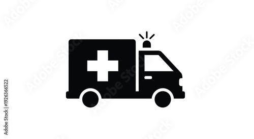 A simple black and white icon depicting an ambulance vehicle with a cross