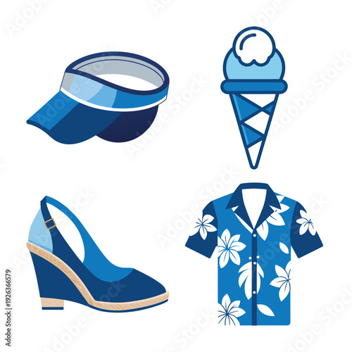 Summer Collection: Vibrant Illustration of Seasonal Essentials - Hat, Ice Cream, Sandals, and Floral Shirt