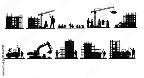 Black silhouettes depicting construction business and people celebrating success