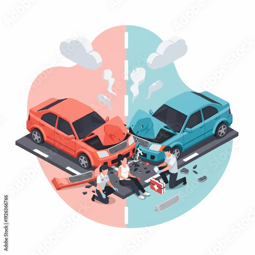 Car accident scene with people assessing the damage and debris on the road.