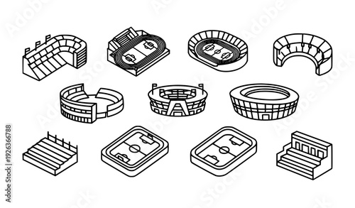 Minimal Monoline Sports Stadium Icons Set Athletic Venue Linear Editable Stroke Vector Illustration