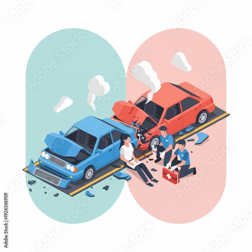 Car accident with people exchanging information after collision.