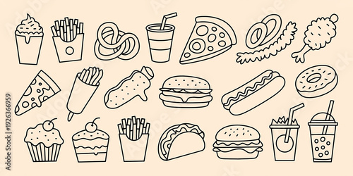 Diverse Hand Drawn Fast Food Including Pizza Burgers Hot Dogs and Various Desserts Keywords: fast food, hand drawn
