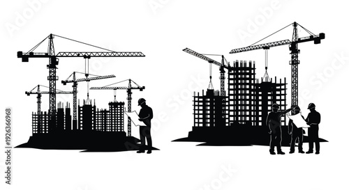 Construction site silhouettes with cranes buildings and workers planning