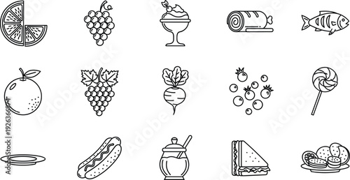 Food and Fruit Line Icon Set with Orange Slice, Grapes, Fish, Sandwich, Honey Jar, Dessert, and Healthy Meal Outline Vector Collection