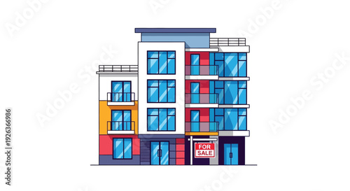 A colorful stylized illustration of a multi story apartment building
