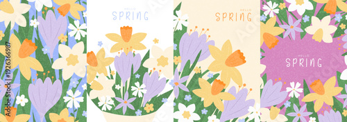 Set of cute spring cards. Spring posters collection with spring wildflowers: crocuses, daisies, narcissus. Vector flyers for nature-inspired design of celebration, ads, branding, cover, card, sale.