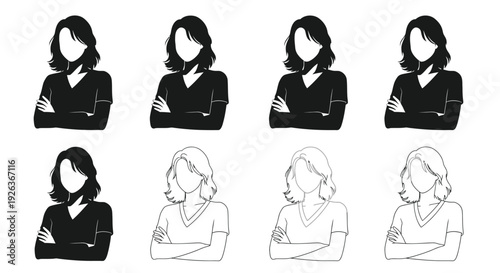 Silhouette variations of women with arms crossed in a grid pattern