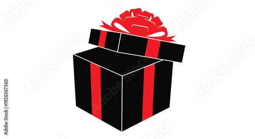 A stylized illustration of an open gift box with a red ribbon