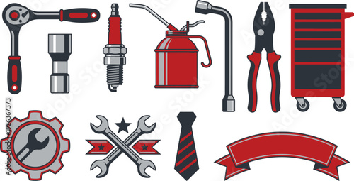 Mechanic style Father's Day illustrations with socket wrench spark plug oil can lug wrench in engine red charcoal black flat silver for automotive garage branding design