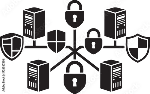 Network Security Concept with Locks and Shields Icons Connected