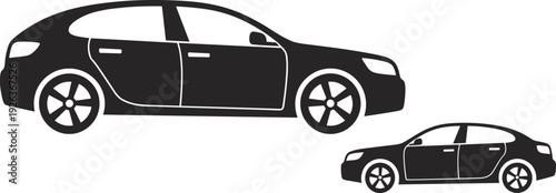 Black car silhouettes showing large and small vehicles side by side, illustrating scale, proportion, perspective, automotive design icons for education and creative resources