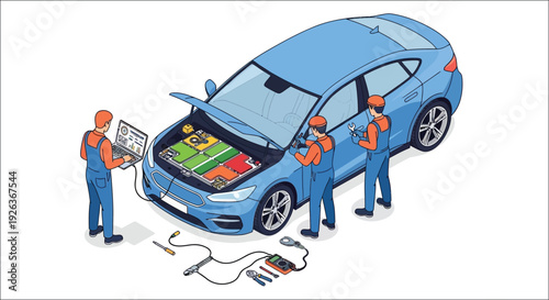 Automotive mechanics inspecting and repairing a modern blue car engine