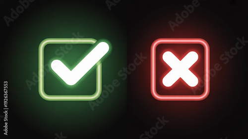 Green neon checkmark inside a square frame and red neon cross inside a square frame on black Free Download Green neon checkmark inside a square frame and red neon cross inside a square frame on black - GFXLoad