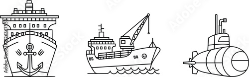 Maritime Vessel Line Icon Set with Cargo Ship, Fishing Boat, and Submarine Outline Vector Illustration for Naval Transport and Ocean Industry