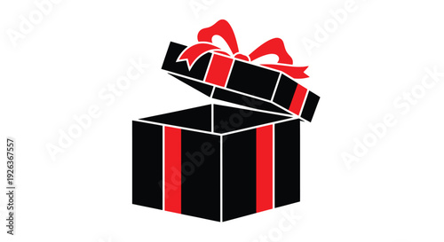 An open gift box with a red ribbon presented in a stark graphic style