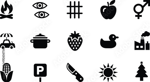 "Black icon set with campfire, eyes, jail bars, apple, gender symbol, car, cooking pot, fruit, duck, factory, corn, knife, sun, and tree